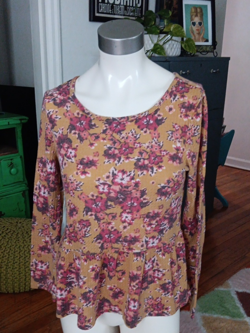 Longsleeve Waffle Knit Peplum Top in a Mustard Floral Print